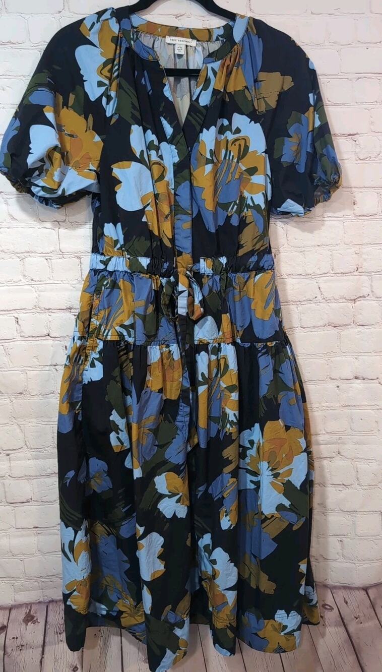 Women's Floral Tiered Midi Dress in Navy, Blue & Mustard